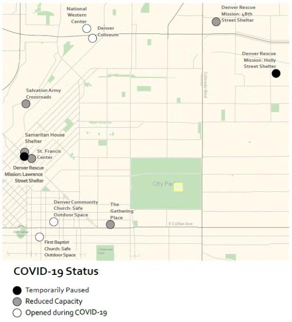 A map of Denver, Colorado, showing the locations of various homeless shelters. Different shelters are marked with various symbols. Black filled circles mark shelters that are temporarily paused, light gray circles represent shelters with reduced capacity, and white circles denote shelters that remain open during the COVID-19 pandemic.