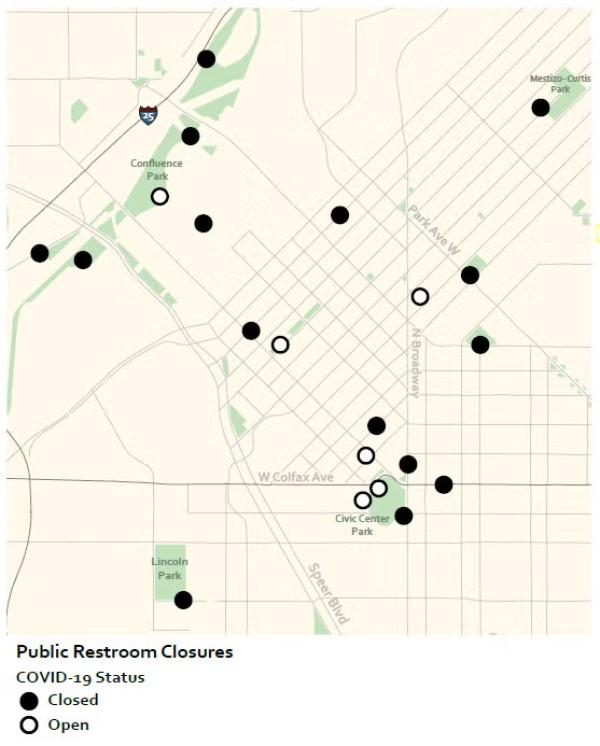 A map displays public restroom closures. The map shows a street layout with various parks and other locations marked. Black circles represent restrooms that are closed, while white circles represent those that are open. 
