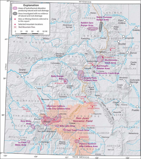 Map highlighting hydrothermal alteration sites and investigation areas in Colorado. Key locations, mountain ranges, and geological features in pink and gray. 