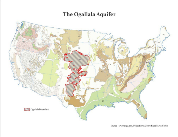 Map of the contiguous United States highlights Ogallala Aquifer with red lines across central states. Various regions are colored differently.