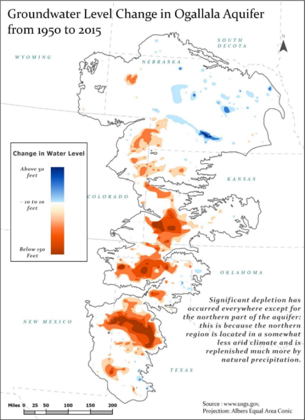 Map showing groundwater level change in the Ogallala Aquifer (1950-2015). Red indicates depletion, blue indicates increase. Most depletion in Texas.