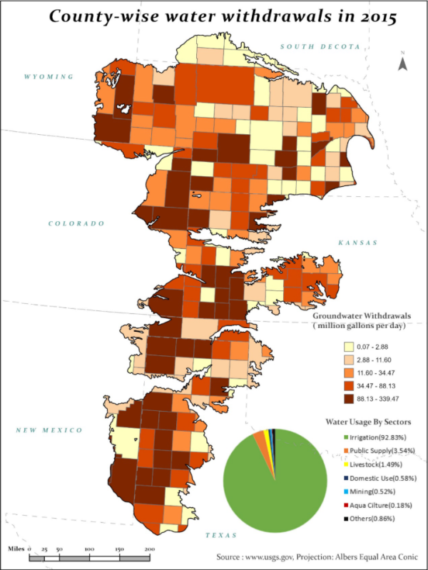 Map of county-wise water withdrawals for 2015, showing varying shades of brown for usage levels. Includes a pie chart with irrigation at 92.83%.