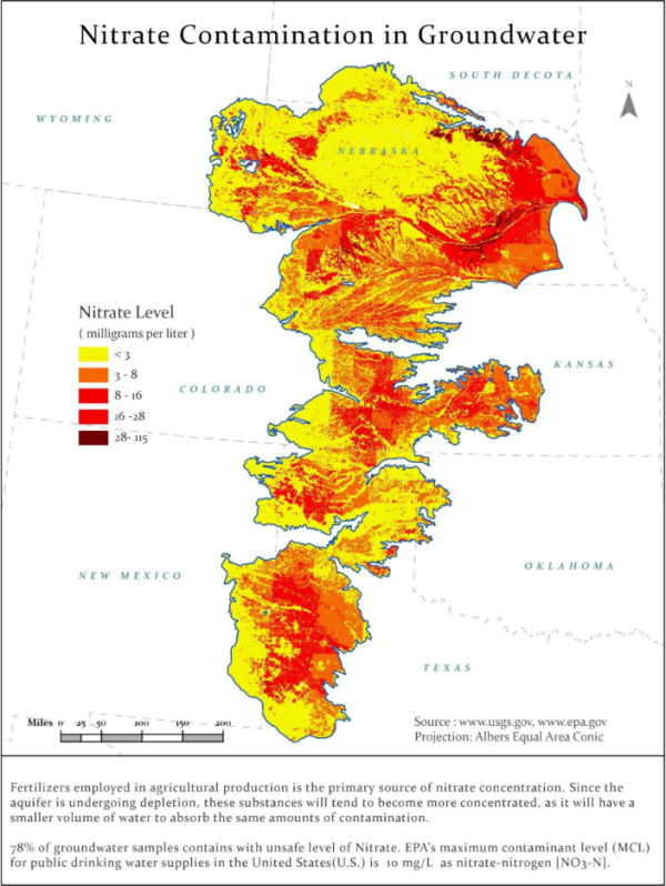 Map of nitrate contamination in U.S. groundwater, highlighting red and orange areas in Nebraska, Texas, and surrounding states, indicating high contamination levels.