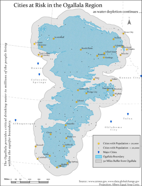 Map of the Ogallala region highlighting cities at risk due to water depletion. Major cities marked with blue, smaller ones with yellow dots; shaded aquifer area.
