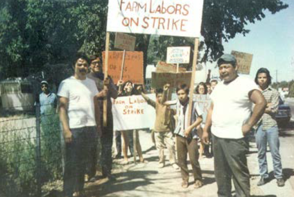 People participating in a labor strike. Two men share a sign that says "Farm Labors on Strike."