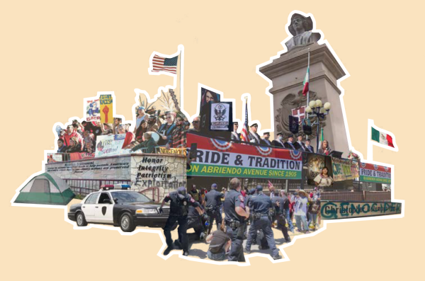 A Columbus statue protest collage of police officers, protestors, parade floats, flags, banners, a white SUV, tents, and a large statue with a bust on top.