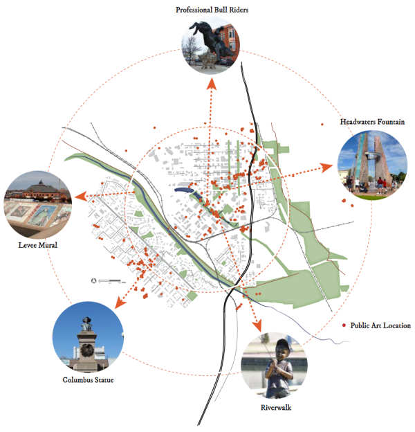 A map of downtown pueblo depicts some of the most prominent public art installations in the city including the professional bull riders, Headwaters Fountain, Riverwalk, Levee Mural, and Columbus Statue.