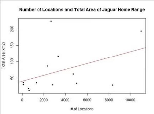 Scatter plot showing positive correlation between jaguar home range area (km²) and number of locations (0–10,000), with trendline.