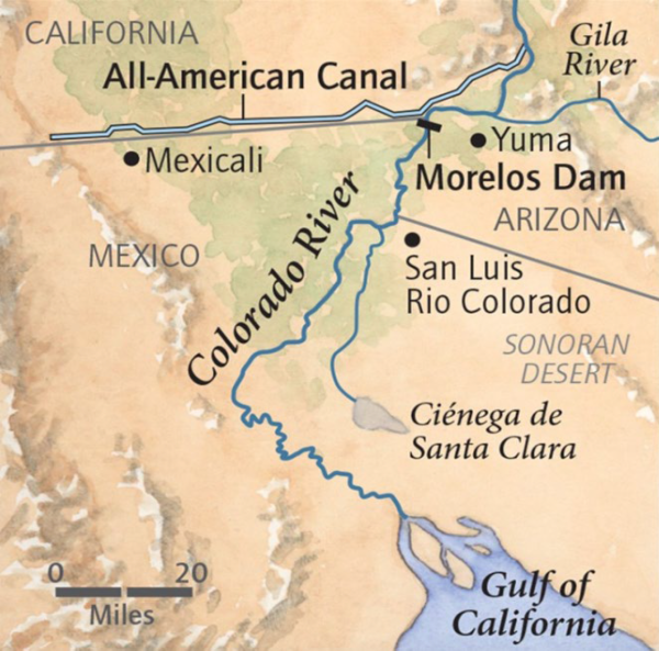 Map depicting Colorado River near the US-Mexico border, showing All-American Canal, Morelos Dam, Gila River, Sonoran Desert, and Gulf of California.