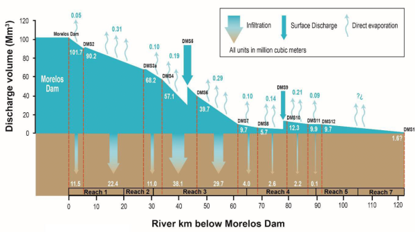 Flow chart illustrating water discharge from Morelos Dam, showing infiltration, surface discharge, and evaporation in million cubic meters over seven reaches.