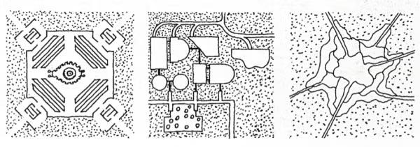 Three different architectural urban design plans. The Cosmic City (left) is highly stylized, symmetrical, and intricate, including a central point indicating cultural or ceremonial areas. The Practical City (middle) depicts an urban-like layout with shapes and structures arranged in a grid, indicating a preference for pragmatic and functional layouts. The Organic City (right) shows a flowing design with irregular shapes indicating a movement with natural or site-specific features.