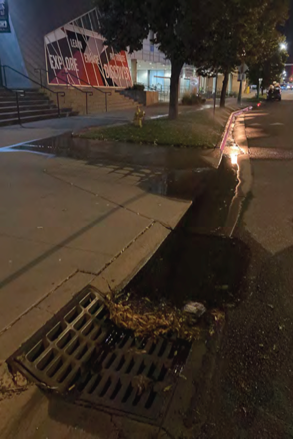 Nighttime urban scene with a dimly lit sidewalk and a street drain partially clogged with leaves. Nearby, a tree and illuminated building create a quiet atmosphere.