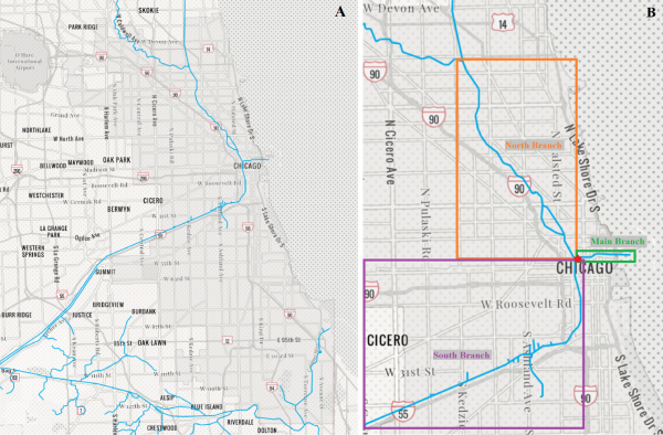  (A) full river system through Chicago and suburbs; (B) close-up identifying the North Branch (orange), Main Branch (green), and South Branch (purple) near downtown.