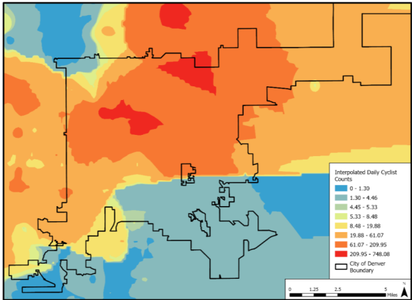 A choropleth map showing estimated values of average daily cyclist counts.