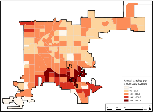 A choropleth map depicting crash rate by census tract.