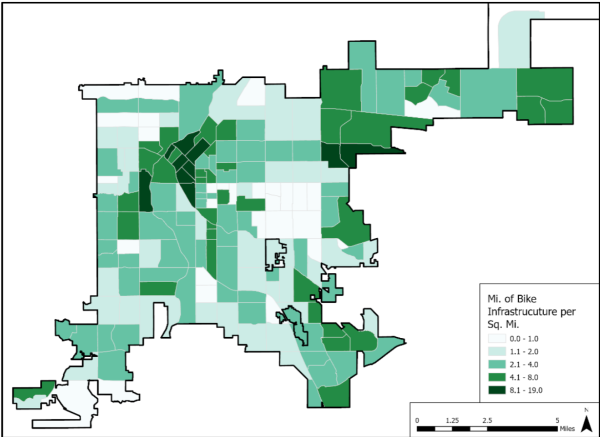 A choropleth map depicting cyclist-friendly infrastructure density by census tract.