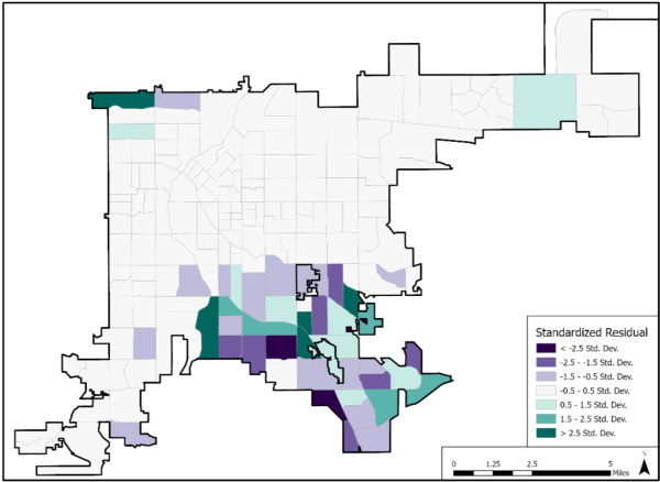 A choropleth map showing standardized residuals produced from GWR model of infrastructure density and crash rate