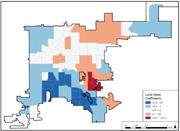 A choropleth map showing slope coefficients produced from GWR model of infrastructure density and crash rate