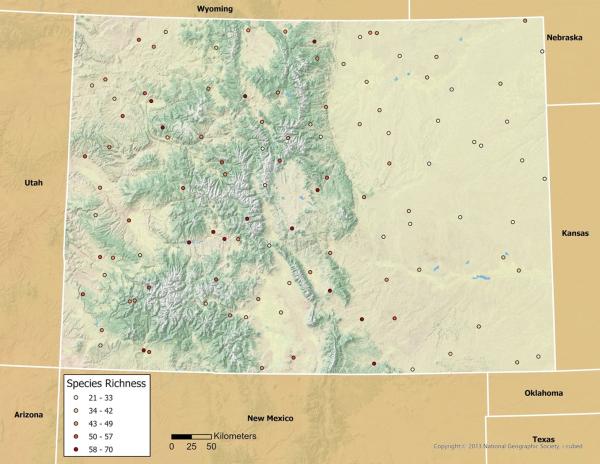 Map of southwestern U.S. shows species richness with colored circles; includes terrain, state labels, legend, scale, and 2015 copyright.