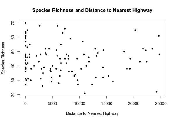 Scatterplot titled “Species Richness and Distance to Nearest Highway.” The x-axis represents the distance to the nearest highway in meters, ranging from 0 to 25,000. The y-axis represents species richness, ranging from 20 to 70. Each point represents a data sample. There is no clear trend between distance to the nearest highway and species richness; values of species richness are highly variable across all distances, suggesting no strong relationship between the two variables.