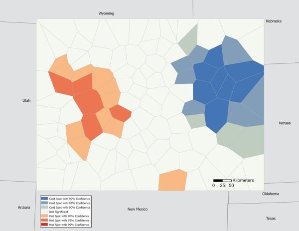 A map of the western United States, divided into irregular polygonal areas. Different shades of colors (blue, light gray/beige, and orange/red) represent statistically significant areas of either "cold spots" or "hot spots." The darker the shade, the greater the statistical confidence in the result. A legend describes the specific shades and their corresponding confidence levels for "cold spots" and "hot spots." The map's horizontal and vertical axes are labeled with state names and a scale in kilometers.