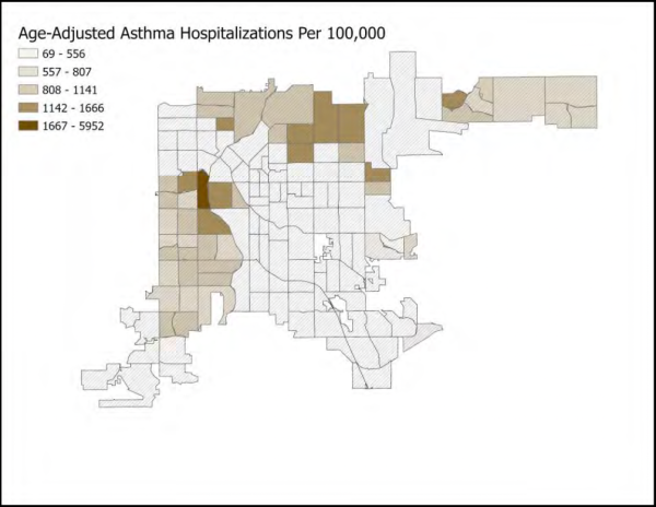 Map showing age-adjusted asthma hospitalizations per 100,000 by region. Color gradient from light to dark brown indicates increasing rates from 69 to 5952. Darker areas are clustered in north and west Denver areas. 