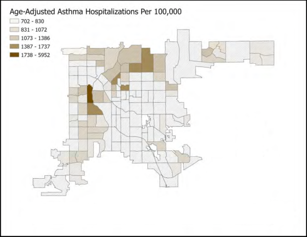 Map showing a city's age-adjusted asthma hospitalizations per 100,000. Areas range from 702 (light) to 5952 (dark brown), indicating lower to higher rates. Darker areas are concentrated in north, north west, and western areas of Denver.