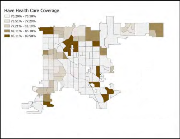 Map showing health care coverage in shaded regions, with a gradient from light to dark brown representing 70.2% to 89.9% coverage rates. Coverage rates are scattered throughout the Denver area with no clear pattern.