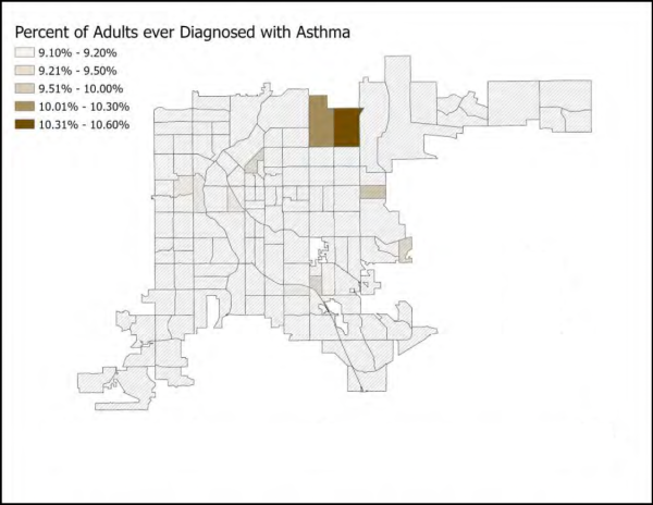 Map showing asthma diagnosis rates among adults by region. Shades vary from light beige to dark brown, indicating 9.10% to 10.60% prevalence. Darkest areas clustered in two northern counties of Denver.