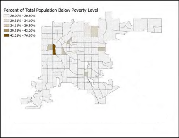  light gray (20%) to dark brown (76.80%), indicating increasing poverty. Only one western county shaded in dark brown with majority of counties in light gray. 