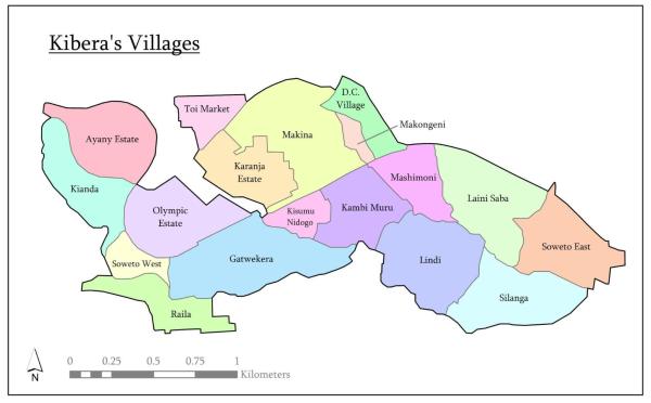 Color-coded map of Kibera's 15 villages including Ayany Estate, Makina, Laini Saba, Gatwekera, Silanga, and others, with labeled boundaries.