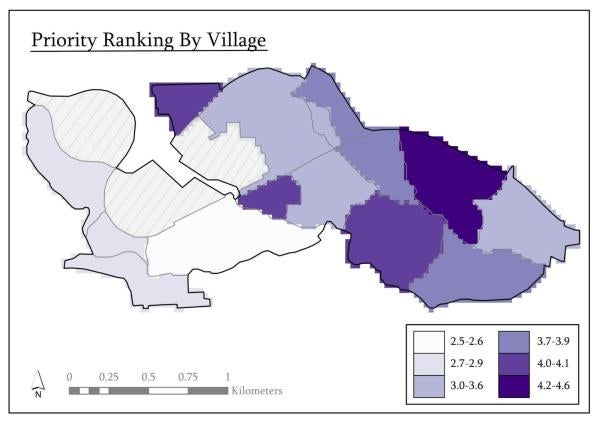 Priority ranking choropleth map of Kibera aggregated by village, scaled 2.5–4.6 from white to dark purple, highlighting eastern villages as highest priority.
