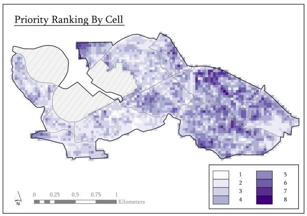 Priority ranking raster map of Kibera by cell, scaled 1–8 from white to dark purple, identifying highest-need areas across villages.