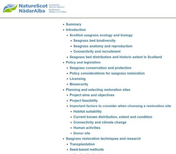 NatureScot webpage table of contents for a seagrass restoration guide, listing sections on ecology, biodiversity, policy, site selection, restoration techniques, transplantation, and seed-based methods.