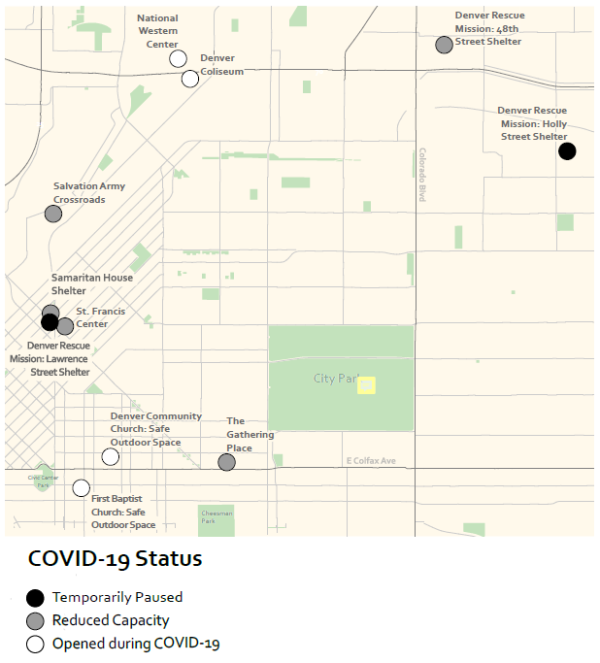A map of the city shows the locations of Emergency homeless shelters. Two shelters in the southern part of the city and two in the northern part were opened during COVID-19. The Denver Rescue Mission was temporarily paused during COVID in both locations - east of Colorado Blvd in the far eastern section of the city and the Rescue Mission downtown. Three shelters downtown, one southern Denver, and one in the northeast had reduced capacity.