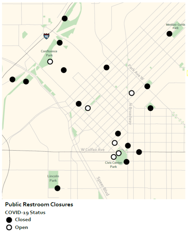 A map of downtown Denver depicts public restrooms that were closed during denver. Fifteen restrooms were closed, leaving only 6 public restrooms open. 