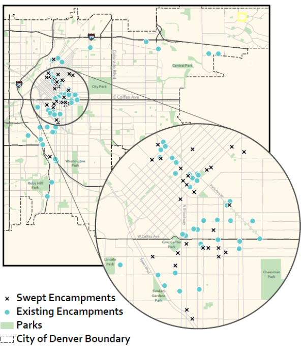 A map depicts swept and existing encampments in Denver. An inset map illustrates that many of the swept encampments and existing encampments are close to each other. Many are located West of Park Avenue and along Colfax and Speer Boulevard. 