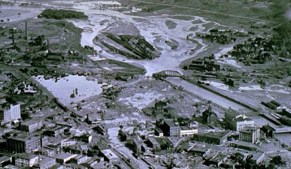 An aerial photograph of the Arkansas river as it intersects Pueblo.