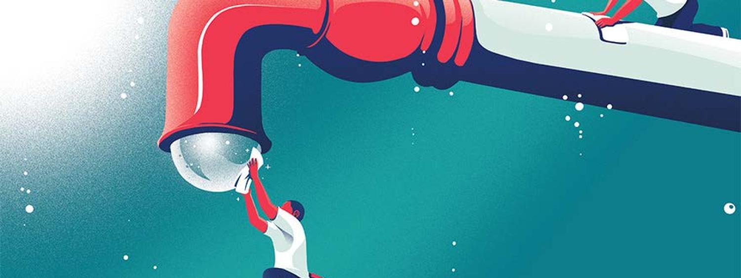 Illustration of a man catching a drop of water from a faucet