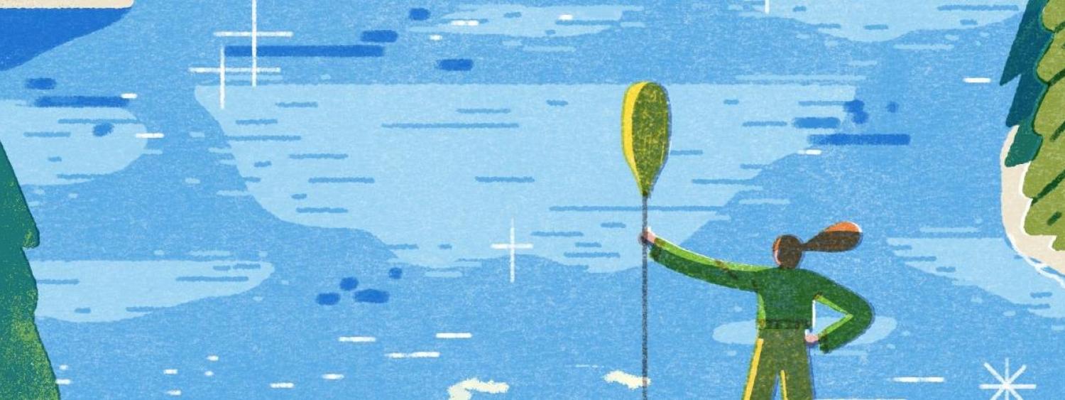 Illustration of a woman holding a canoe paddle and looking out onto a lake