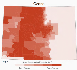 A map of Colorado showing ozone concentration by census tract, shaded from light pink (below average) to dark red (above average). Elevated ozone concentrations are seen predominantly across central and eastern Colorado, especially concentrated around the Denver metro area and extending south and west. Western Colorado exhibits mostly below average ozone levels.