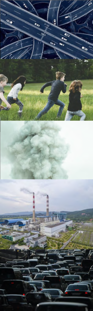 a complex highway interchange with cars, children running through a grassy field, a large cloud of smoke or pollution, an industrial power plant with smokestacks, and a traffic jam with many vehicles. The images suggest themes of pollution, industry, traffic, and children's health or environment.