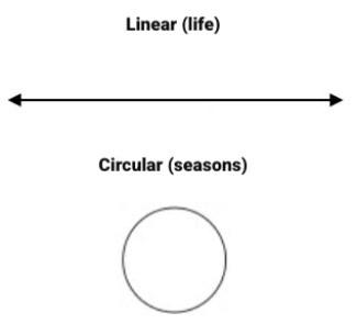 A simple graphic displays two different concepts. Above, a horizontal line with arrows on each end represents a linear progression, labeled "Linear (life)". Below, a circle represents a cyclical pattern, labeled "Circular (seasons)".