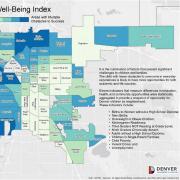 Map of Denver’s 2019 Child Well-Being Index showing neighborhoods shaded from light (fewer obstacles) to dark blue (more obstacles), with east and northwest areas generally facing greater challenges.