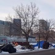 A homeless encampment in down town Denver. Tents and sleeping bags are lined up along the road. There is snow on the ground. 