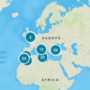World map with numbered blue circles indicating each location of the trip noted in this study.