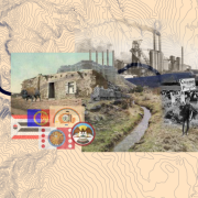 A panoramic view of a stylized map or historical timeline. A dark blue river or lake winds through a light beige-tan landscape, marked with various lines representing topography. Overlayed on the landscape are fragmented images of assorted historical scenes. Sections depict old buildings, industrial structures (including smoke stacks), a pathway, and groups of people, potentially depicting historical events or periods.
