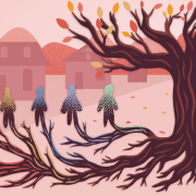 Illustration of a large tree with sprawling roots connecting diverse human figures across a neighborhood, symbolizing migration, community, and shared origins.