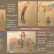 Collage with text and drawings on refugee experiences—fear, safety, rights, hope. Panels show phrases, emotions, and a map of Africa.
