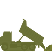 Silhouette of a dump truck unloading rubble in front of a city skyline. The scene conveys urban construction and industrial activity.
